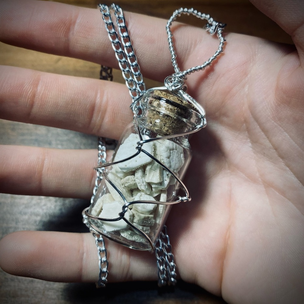 Armadillo Scute Bone Wire Wrapped Glass Jar Pendant Necklace